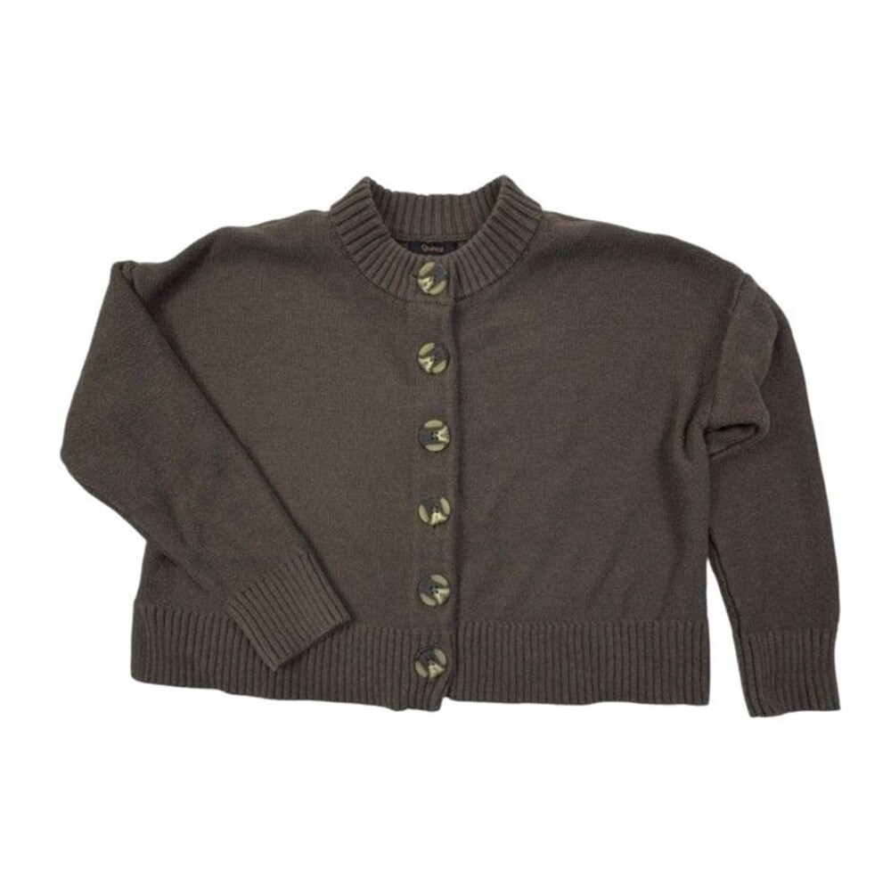 Quince Organic Cotton Cropped Cardigan Heather Brown Button Front XS